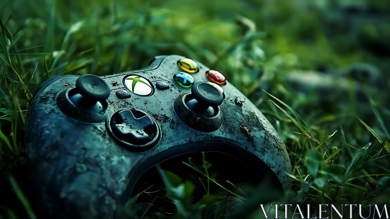 Weathered game controller resting in vivid wild grass.