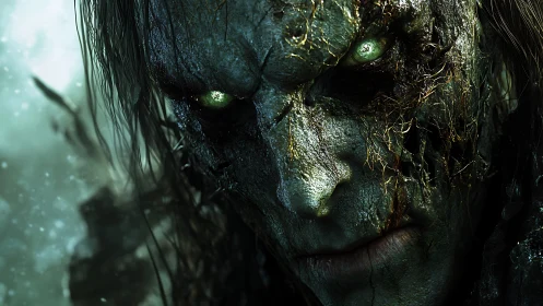 Undead warlord face glows with eerie green energy.