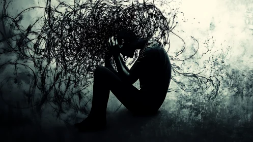 Silhouetted figure overwhelmed by chaotic mental storm.