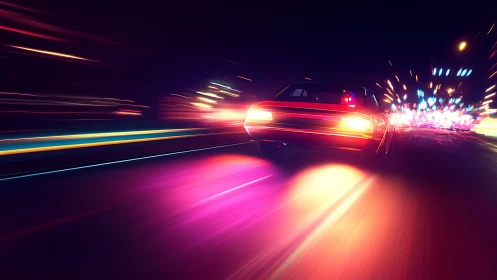 Night highway car with neon motion blur lighting effects.