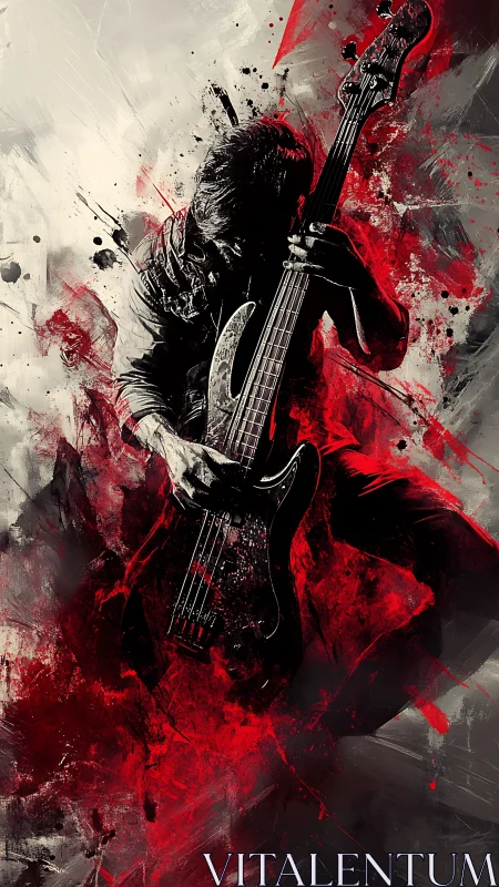 Rock bassist in dynamic red and monochrome splatter energy.