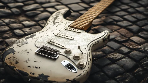 Worn electric guitar lies on cobblestone pavement surface