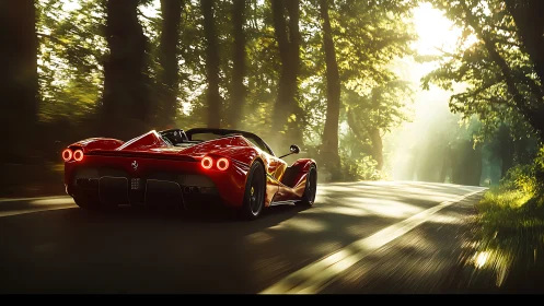 Red sports convertible on sunlit forest roadway.