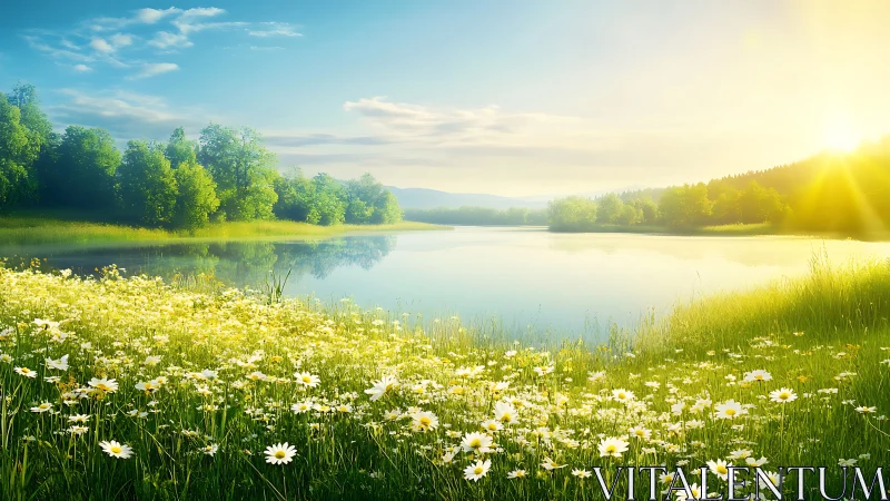 Sunlit lakeside meadow with daisies under clear blue sky