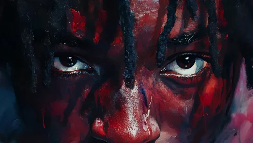 Intense close-up portrait in expressive red oil textures.