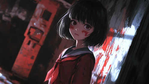 Bloodstained schoolgirl stands in a tense, shadowed corridor