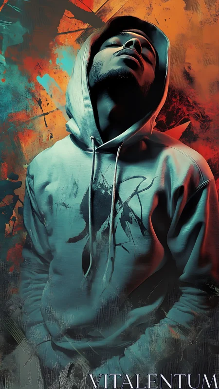 Hooded dreamer rises in neon smoke and burning urban dusk.