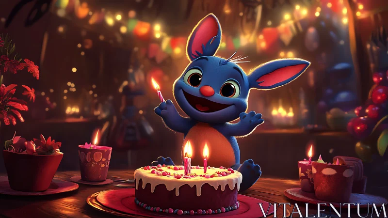 Jubilant Blue Creature's Candlelit Birthday Spectacle.