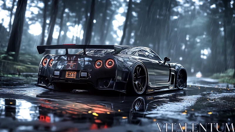 Modified sports coupe is parked on wet forest roadway