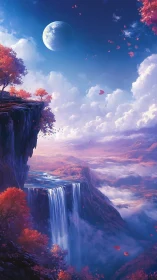 Fantasy cliff waterfall under distant moonlit sky.