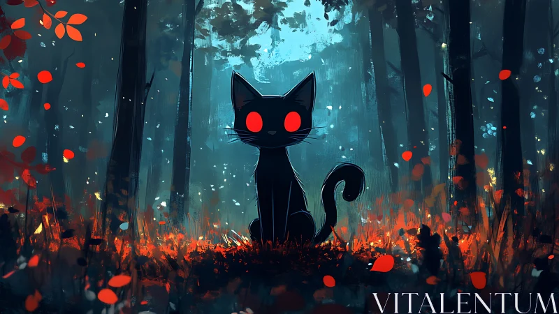 Black cat with red eyes in stylized glowing forest.