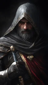 Hooded armored swordsman with facial scars in dark setting.