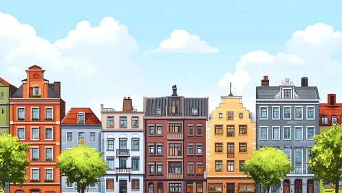 Row of stylized urban townhouses under clear sky.