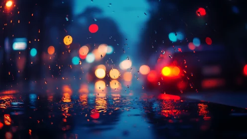 Glistening city rain turns blurred car lights into soft jewels