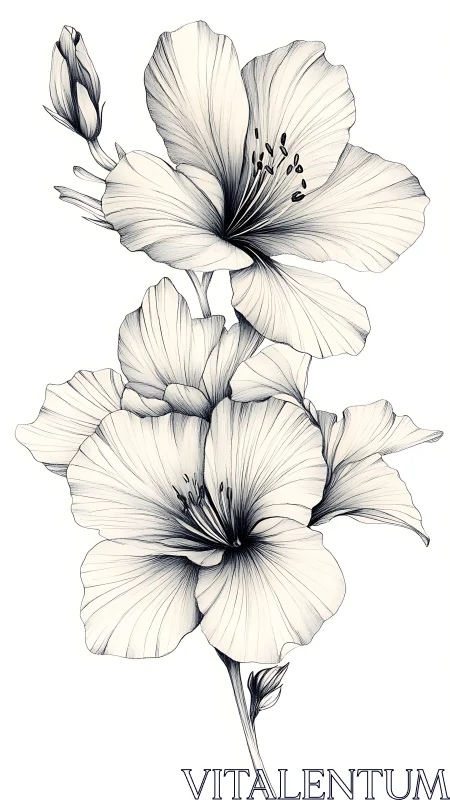 Line-rendered hibiscus bouquet with tonal petal shading.
