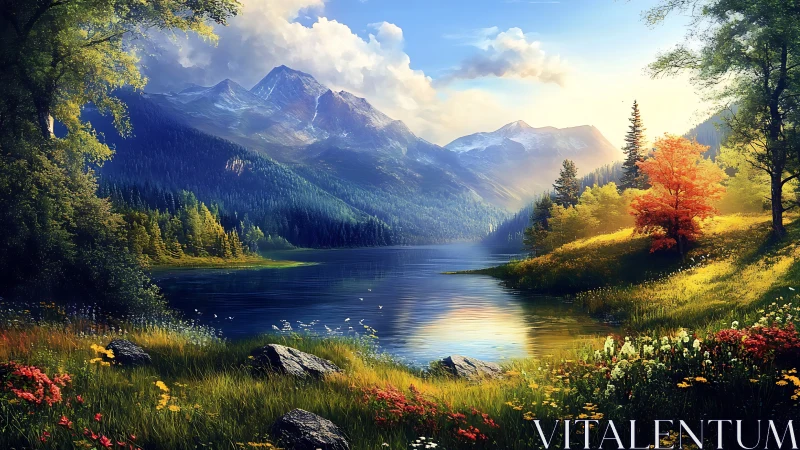 Sunlit lake cradles bright autumn trees beneath calm peaks