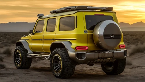 Yellow off-road SUV concept in desert at sunset. Period.