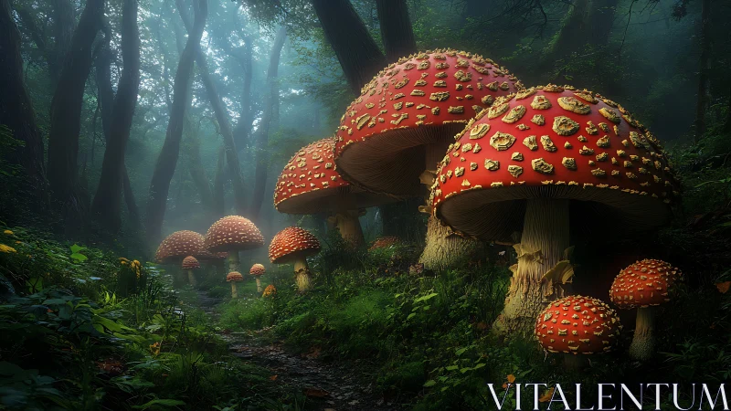 Oversized red mushrooms in dense misty forest setting.