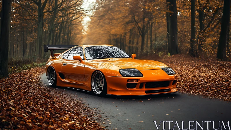 Orange sports car glows against a quiet autumn forest road