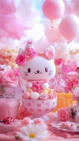 White Ceramic Cat Figurine Adorned with Pink Floral Crown in Fantasy Dreamscape.