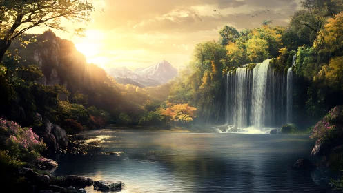 Sunlit waterfall valley with misted lake and mountains