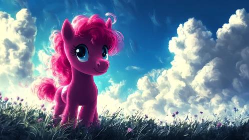 Bubblegum pony daydream under towering cotton clouds.