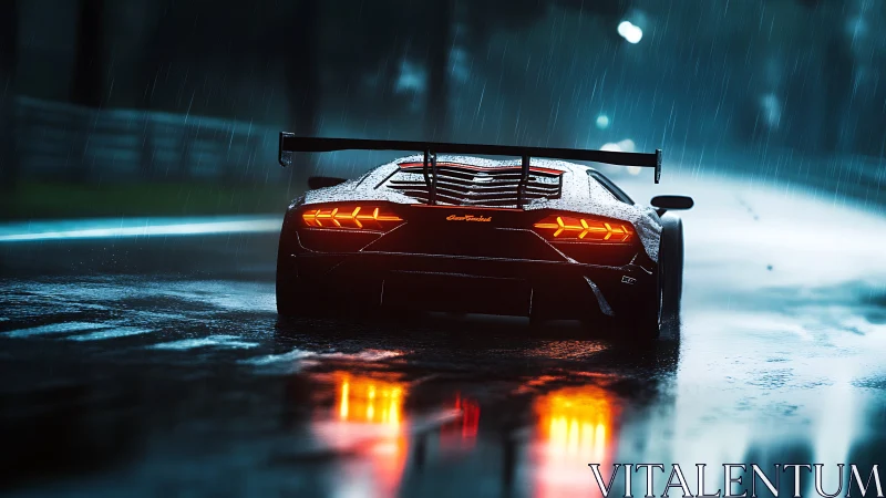 Rear-lit GT race car accelerates on wet circuit under heavy rain