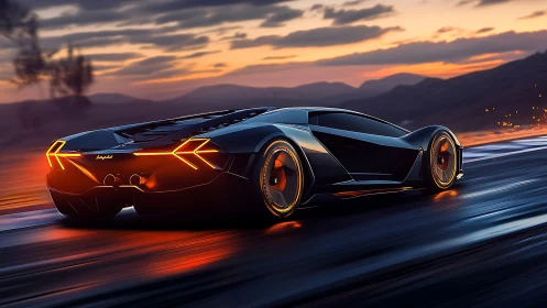Futuristic supercar glides along a wet highway at sunset.