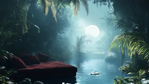 Lunar-illuminated jungle lagoon with upholstered platform bed.