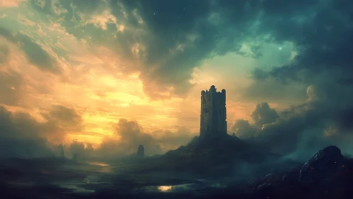 Lonely stone tower at sunset in a misty fantasy landscape.
