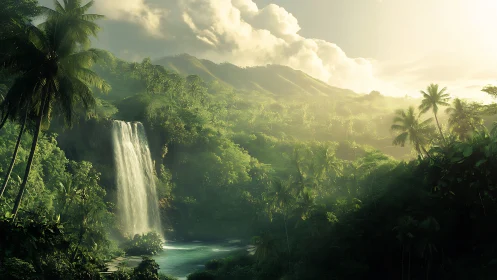 Sunlit jungle waterfall cascades into serene turquoise pool.