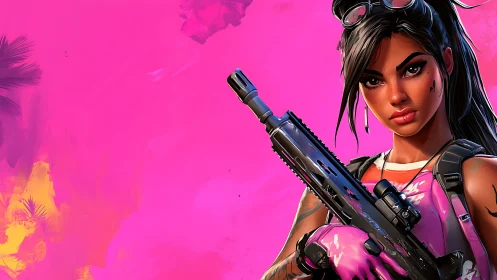Digital portrait shows armed female character on pink field