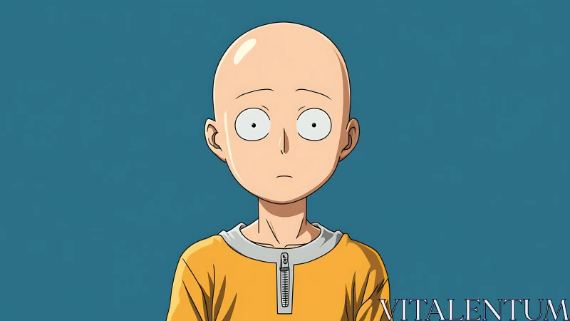 Bald anime character in yellow garment on plain teal background.