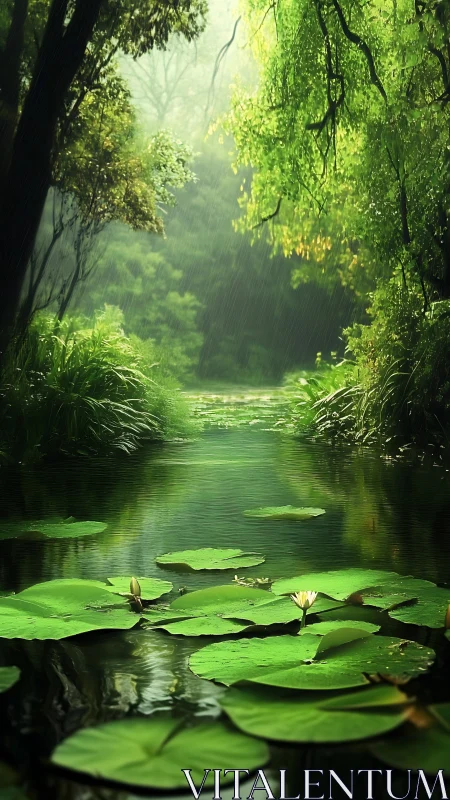 Lily pads linger while rain stitches light through forest air