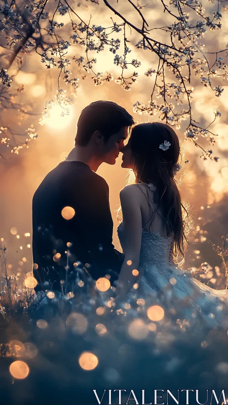 Silhouetted figures beneath flowering branches at sunset.