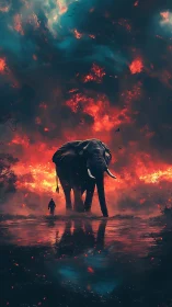 Colossal elephant and lone figure in incendiary twilight sky