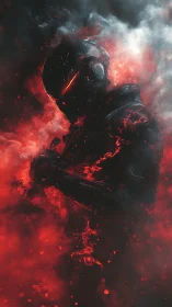 Cybernetic soldier silhouette engulfed in red particle flames.