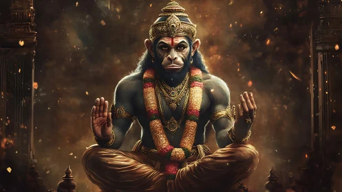 Simian deity figure sits cross legged in ornate temple space