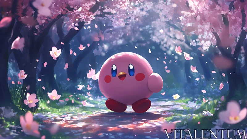 Digital painting of pink character under luminous cherry blossoms.