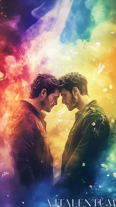 Two figures in profile with chromatic gradient atmospheric environment and light dispersion