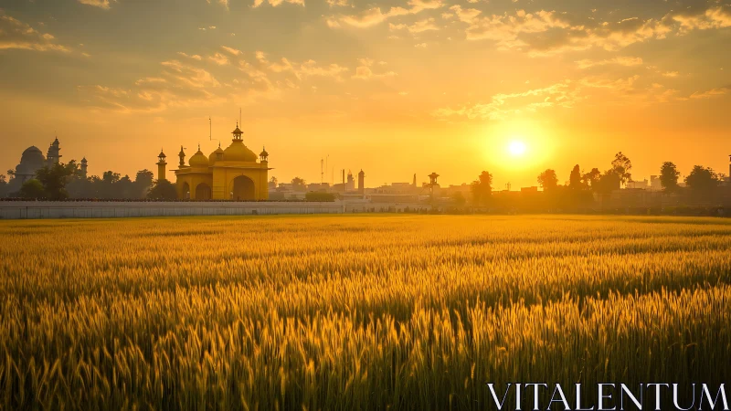 Golden wheat field with domed temple under calibrated sunrise.