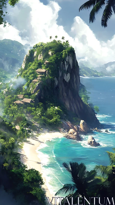 Towering coastal rock formation with dense vegetation and turquoise waters