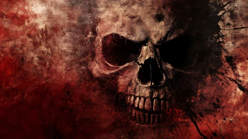 Weathered human skull in red and dark textured field.