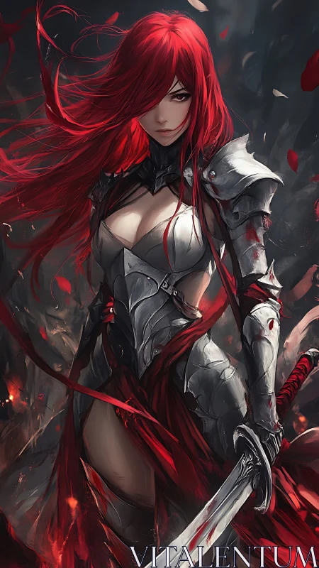 Armored red haired swordswoman rendered with dynamic painterly lighting