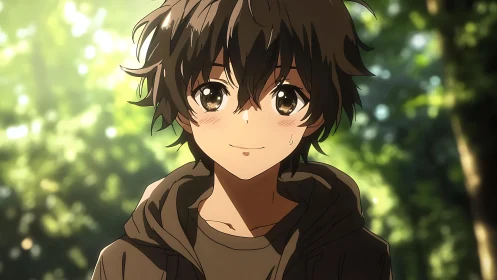 Sunlit forest walk with a shy, smiling anime friend.