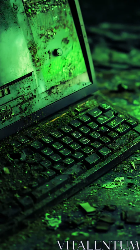 Corroded vintage computer keyboard under green bioluminescent decay