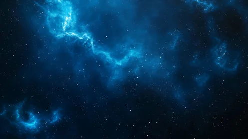 Blue cosmic nebula drifts through a star-filled deep space.