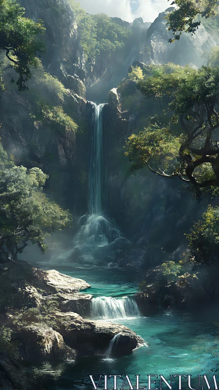 Vertical forest waterfall cascading into turquoise pools.