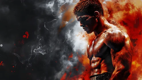 Digital painting of fighter in molten chiaroscuro composition.