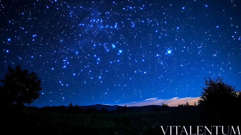 Night sky shows dense star field over dark rural landscape